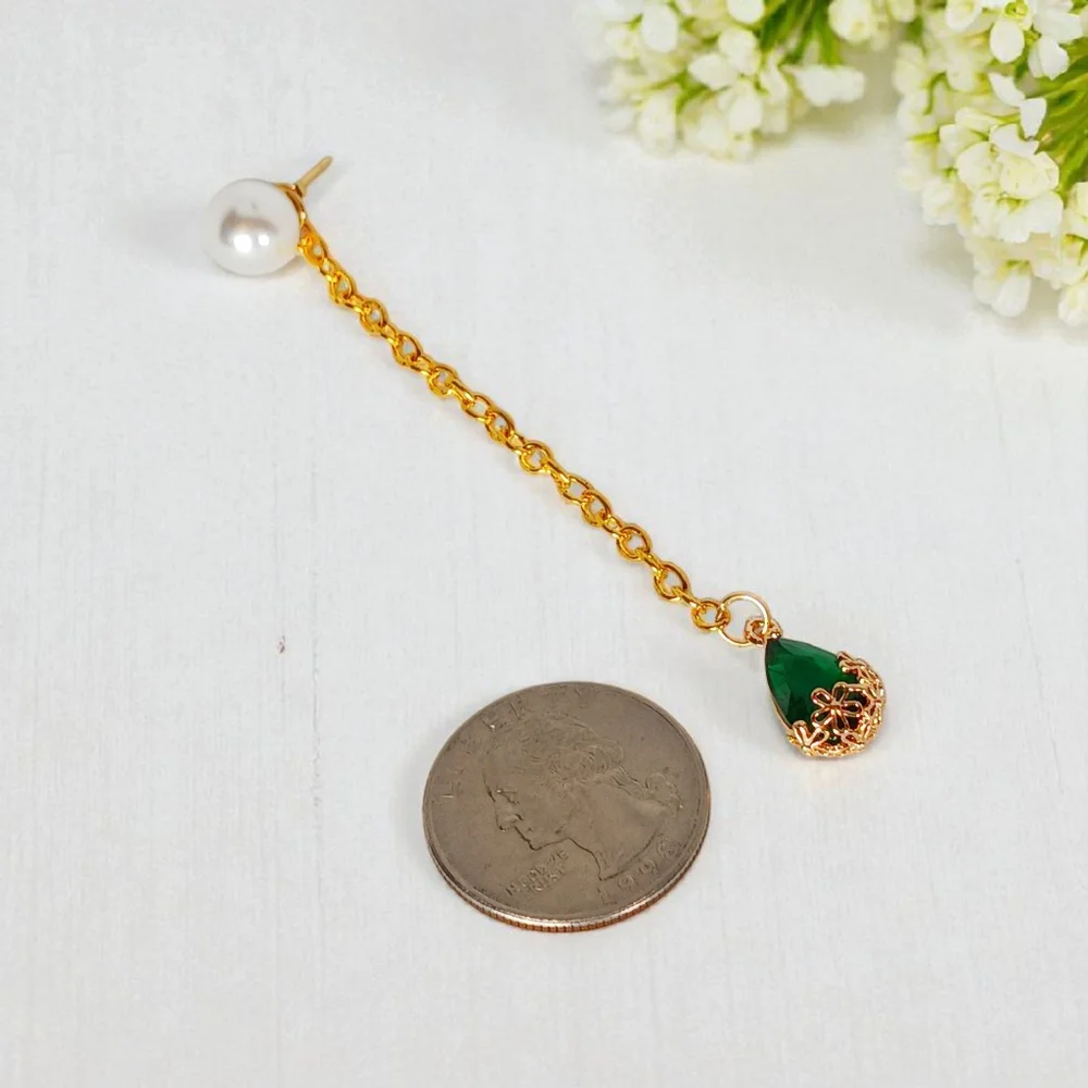 Gold Pearl Stud Earrings Linear Drop Emerald Tear Drop Charms Shoulder Dusters